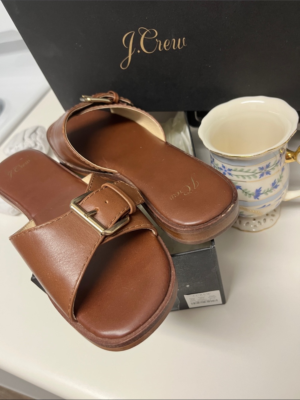 Size 7&1:2 J Crew Brown Leather Buckle Slide Sandals with Gold-Tone Buckle